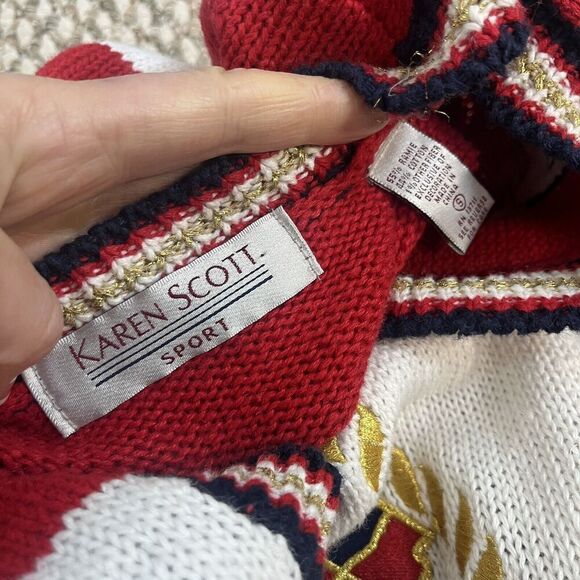 Vintage Karen Scott Cardigan Sweater size Small Red Blue Nautical Sailor Boating - Picture 10 of 10